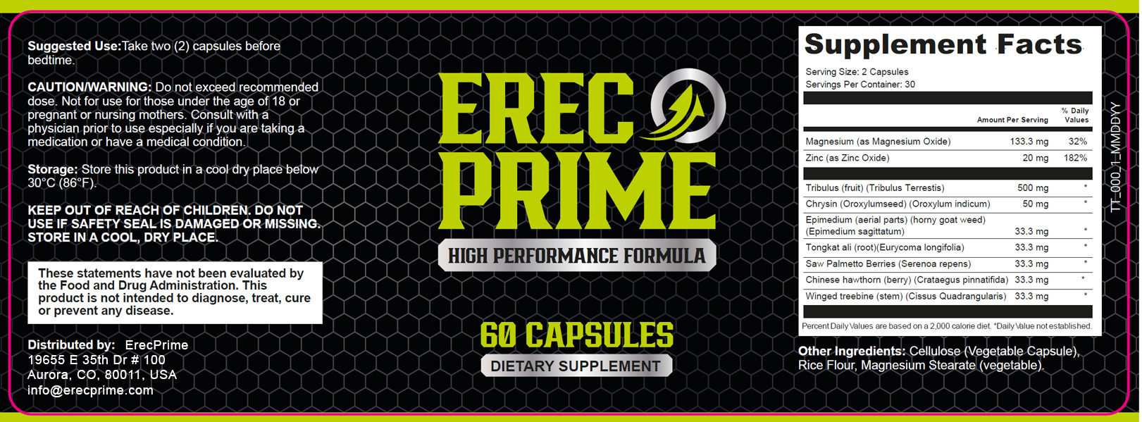 ErecPrime Supplement Facts Label